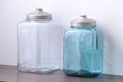 アンティーク雑貨　昭和レトロ　青色気泡ガラス!アンティークガラス瓶2個セット