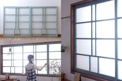 アンティークペイント　すり・ダイヤガラス入り!ガラス戸2枚セット(窓)(1)