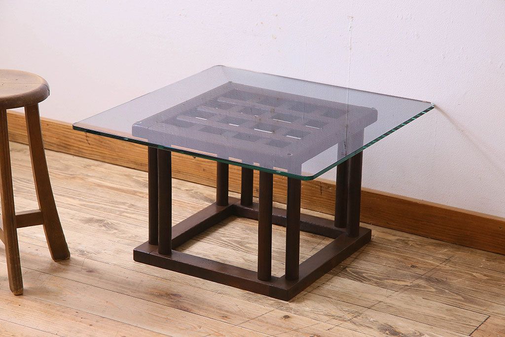 黒いガラスのローテーブル 飾り台アンティーク インテリア キャビネット 座卓