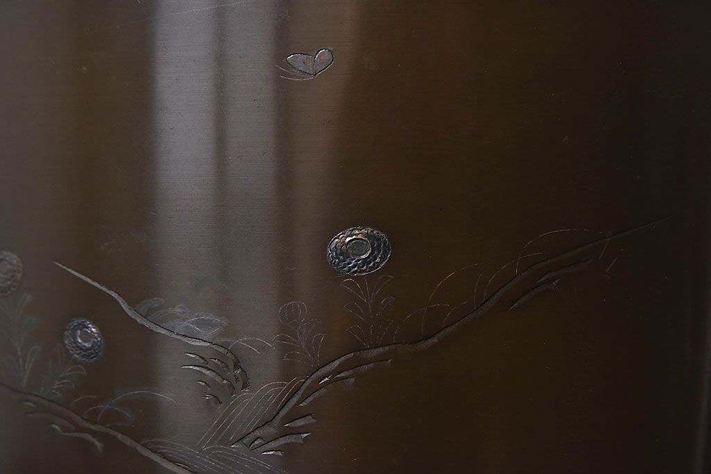 アンティーク雑貨　古民具・骨董　天巨銘　銀象嵌が美しい真鍮製火鉢(鉢カバー)(3)