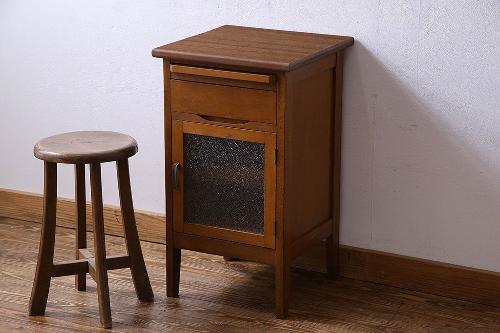 昭和レトロ 木製サイドテーブル ガラステーブル  古道具 古家具 ビンテージ机・テーブル