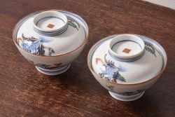 アンティーク雑貨　和製アンティーク　色絵　蓋付き茶碗2客セット(3)