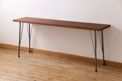アンティーク家具　ラワン材製　天板一枚板　シンプルな鉄脚テーブル(3)
