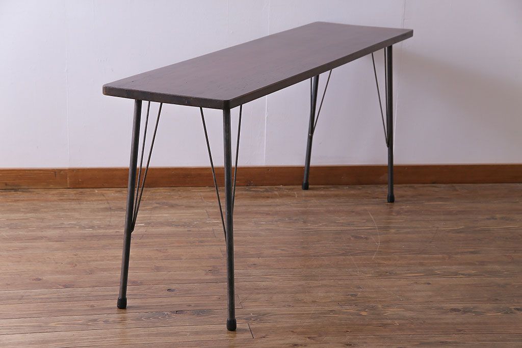 桂材一枚板　リメイク　味わいある古材を使用したアイアンサイドテーブル(作業台、飾り台、カフェテーブル)(1)
