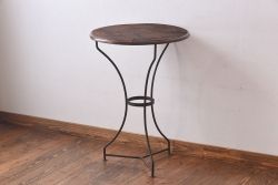 アンティーク雑貨　パーケットの天板がおしゃれなサイドテーブル(ラウンドテーブル、ガーデンテーブル)(1)(R-030409)