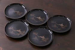 和製アンティーク　大正昭和初期　蒔絵　折鶴の図柄が可愛らしい木製皿5枚セット(漆器)(1)