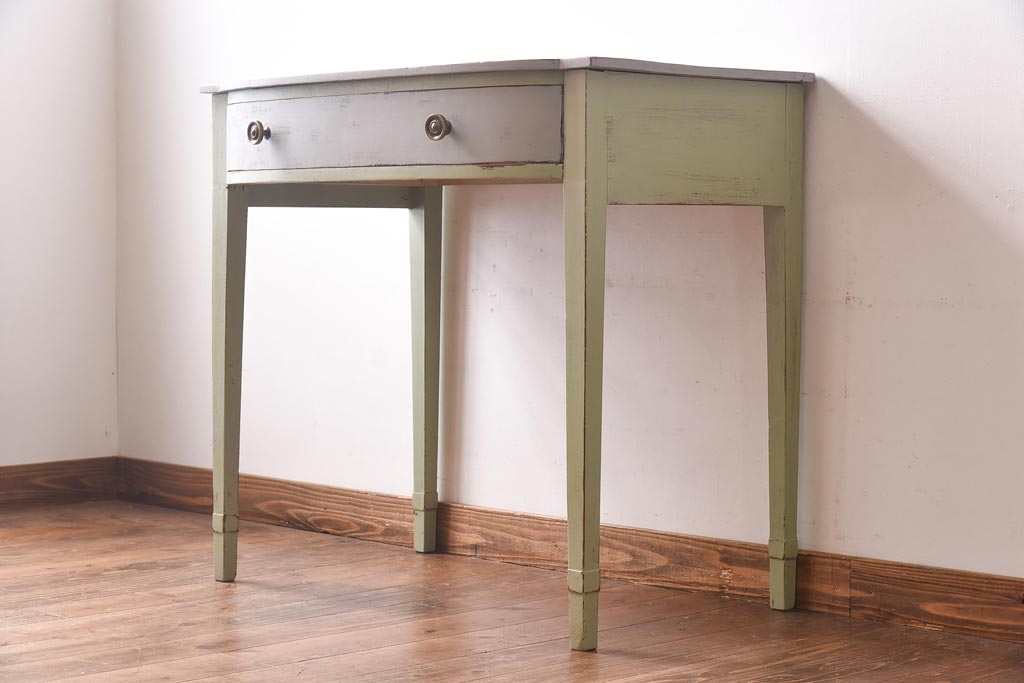 ペイント家具　シャビーなペイントカラーが魅力の小振りなコンソールテーブル(サイドテーブル、飾り台)