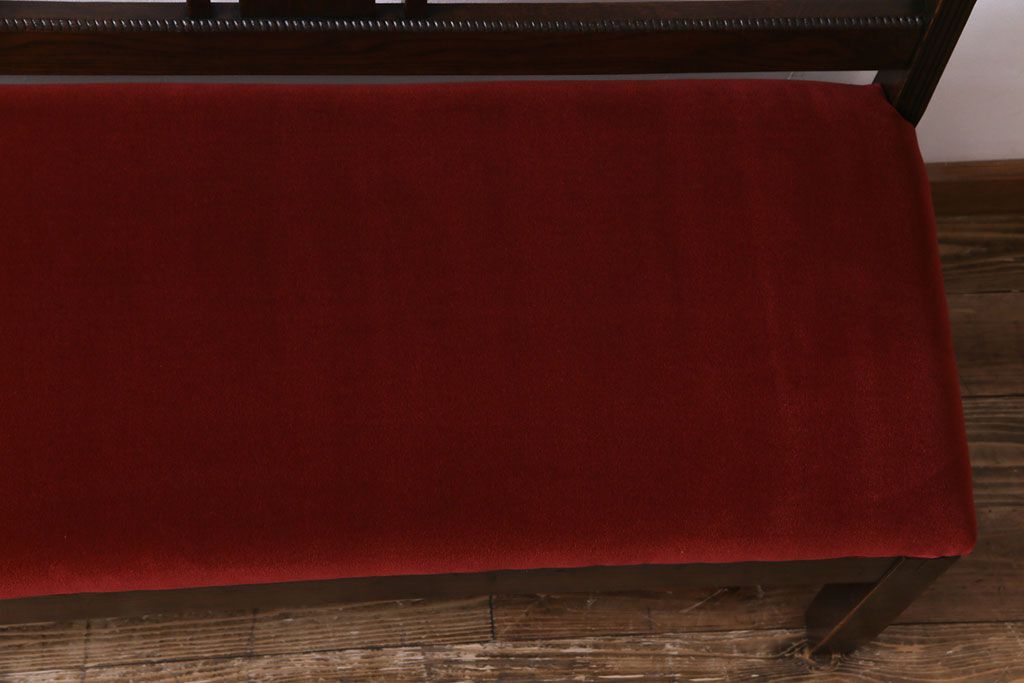 アンティーク家具　大正ロマン　オーク材　象嵌入り　透かし彫りが上品な木製ソファベンチ(3人掛けソファ)