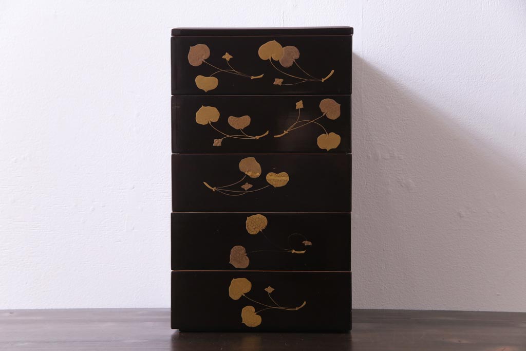 和製アンティーク　丸に二本杉紋　二葉葵　共箱付き重箱(和食器、漆器)