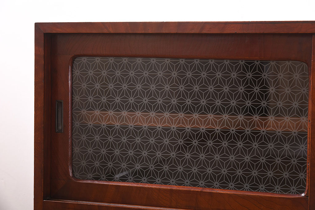 和製アンティーク　ラフジュオリジナルガラス　前面ケヤキ材　和の趣溢れる漆塗りのローボード(収納棚)
