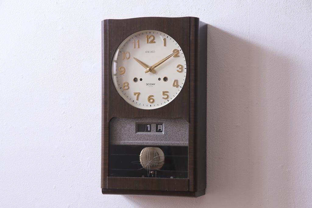 アンティーク雑貨　昭和レトロ　SEIKO(セイコー)製　4PC　手巻き式振り子時計　1ヵ月巻掛時計(柱時計、壁掛け時計)
