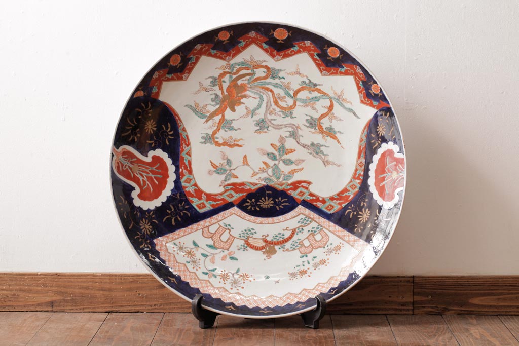 古民具・骨董 色絵 鮮やかな色使いが目を引く鳳凰紋の二尺大皿(絵皿 