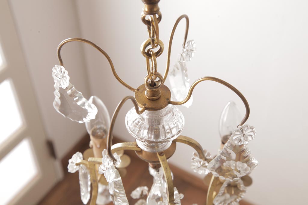 フランスビンテージ　噴水装飾付き　真鍮のフレームがシックなケージ型4灯シャンデリア(天井照明)