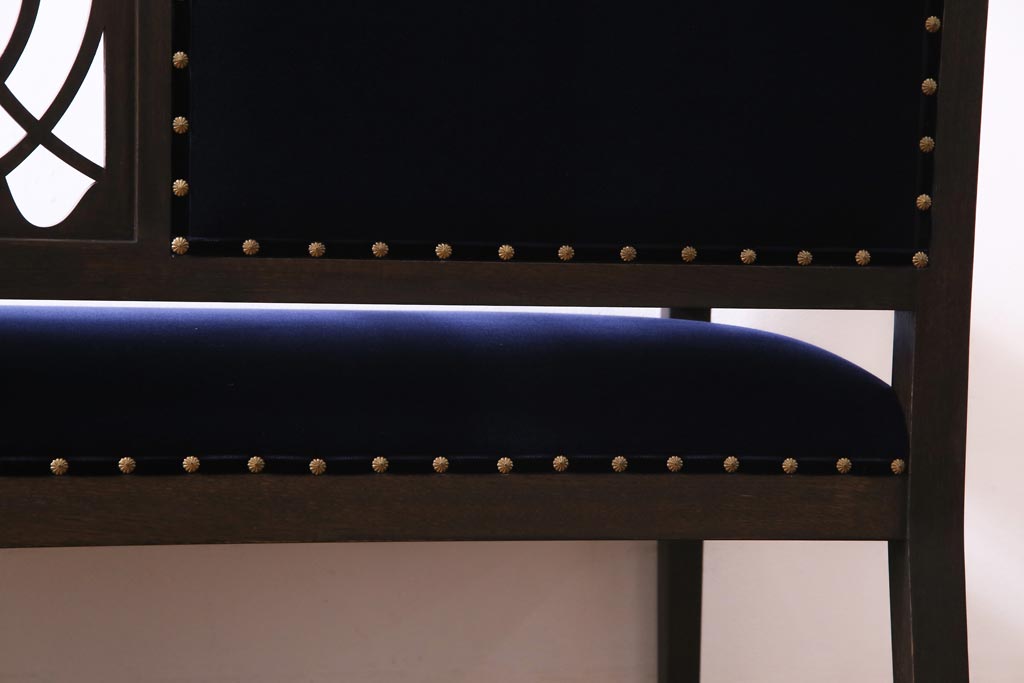 ラフジュ工房オリジナル　大正ロマン　深いブルーがおしゃれな2人掛けソファ(ダイニングソファ、ラブソファ)