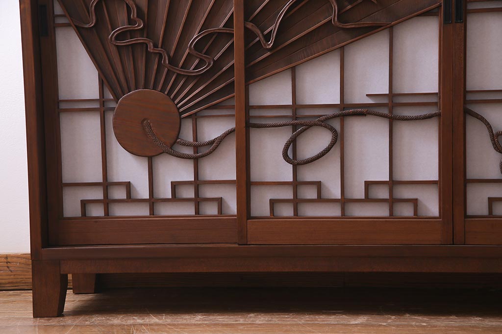 ラフジュ工房オリジナル　アンティーク建具リメイク　扇菊　こだわりの和空間づくりが叶う脚付きサイドボード(書院戸、組子、キャビネット)(R-037605)