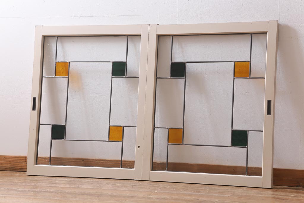 レトロガラス建具　二枚セット　窓枠　ステンドグラスステンドグラス