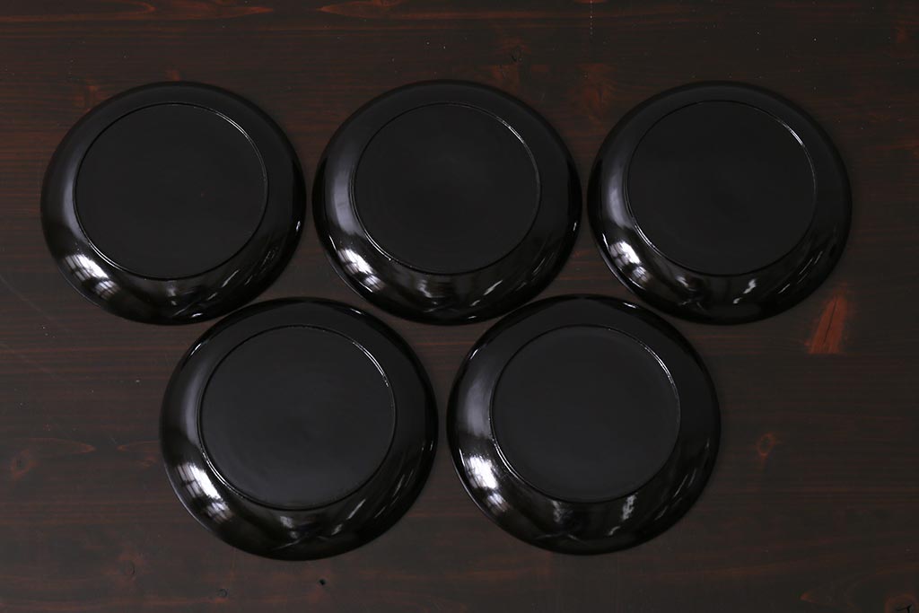 アンティーク雑貨　和製アンティーク　5.6寸桔梗鳥蒔絵木製菓子皿5枚セット(木皿、漆器)(R-039368)