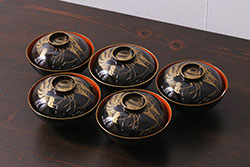 アンティーク雑貨　和製アンティーク　漆器　迫力ある海老の図柄が描かれた木製椀5客セット(和食器)(R-039464)