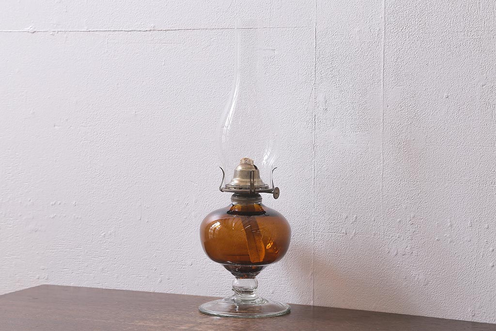 アンティーク雑貨 大正ロマン 8分芯 アンバーガラスのオイルランプ
