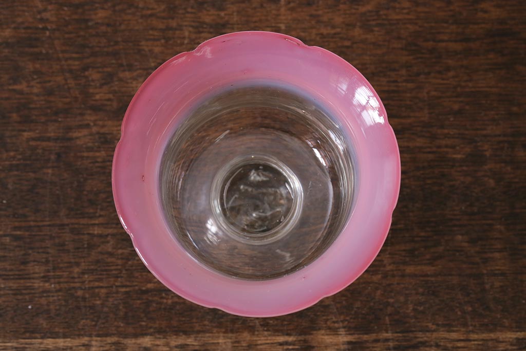 アンティーク雑貨　レトロ雑貨　大正期　ピンク縁　氷コップ(和ガラス、吹きガラス)(R-040122)