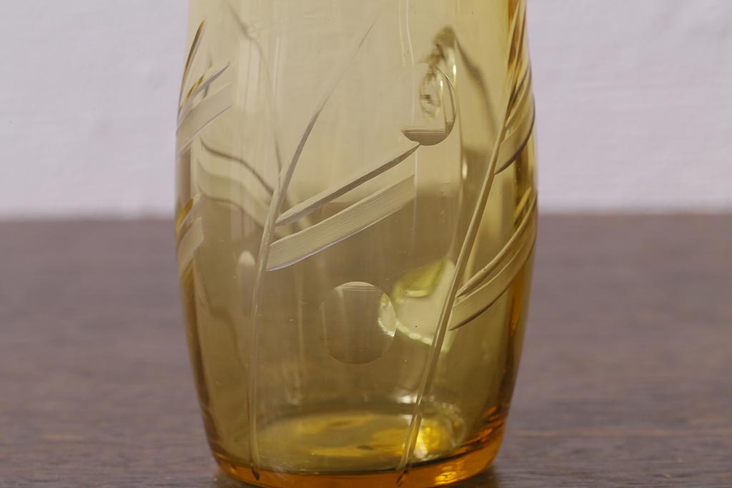 アンティーク雑貨　戦前　昭和初期　取っ手付黄色切子グラス6客セット　箱付(コップ、和ガラス)(R-040216)