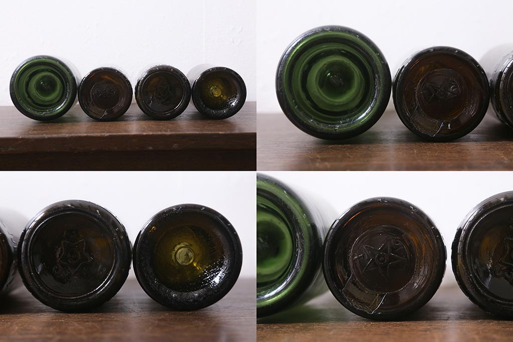 アンティーク雑貨　大正昭和初期　カブトビール　大関赤十字など古いガラス瓶8本(ビン)(R-040557)