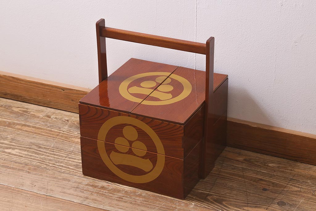 A537 おかもち木製漆塗り二段重 家紋丸に抱き茗荷 整理箱 華道茶道煎茶箱