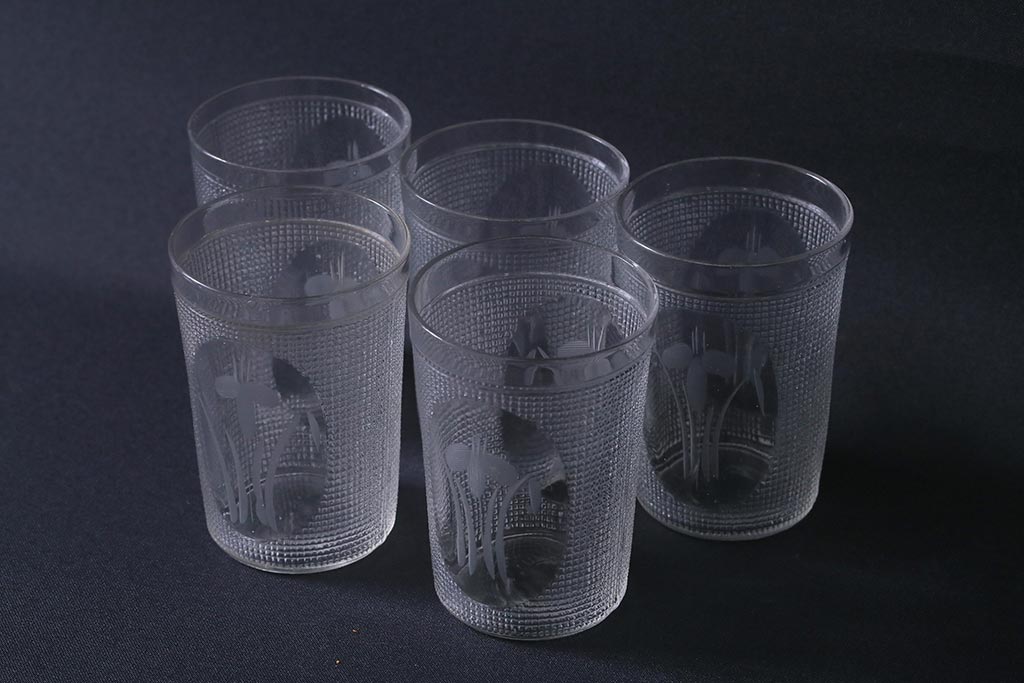 アンティーク雑貨 レトロ プレスガラス 菖蒲(アヤメ) グラス5個セット 
