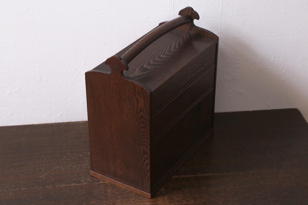 アンティーク雑貨　指物家具　桑材・中桐材　持ち運びにも便利な持ち手付き裁縫箱(ソーイングボックス、小引き出し、小物収納)(R-041162)