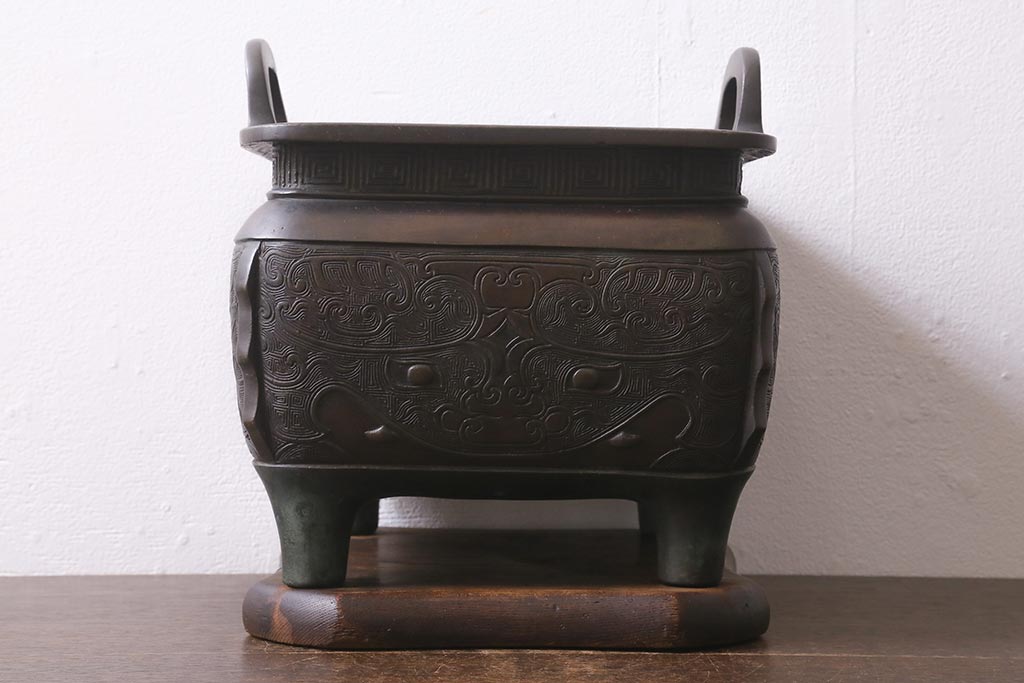アンティーク雑貨　明治期　古銅耳付火鉢(中国香炉)(R-041283)