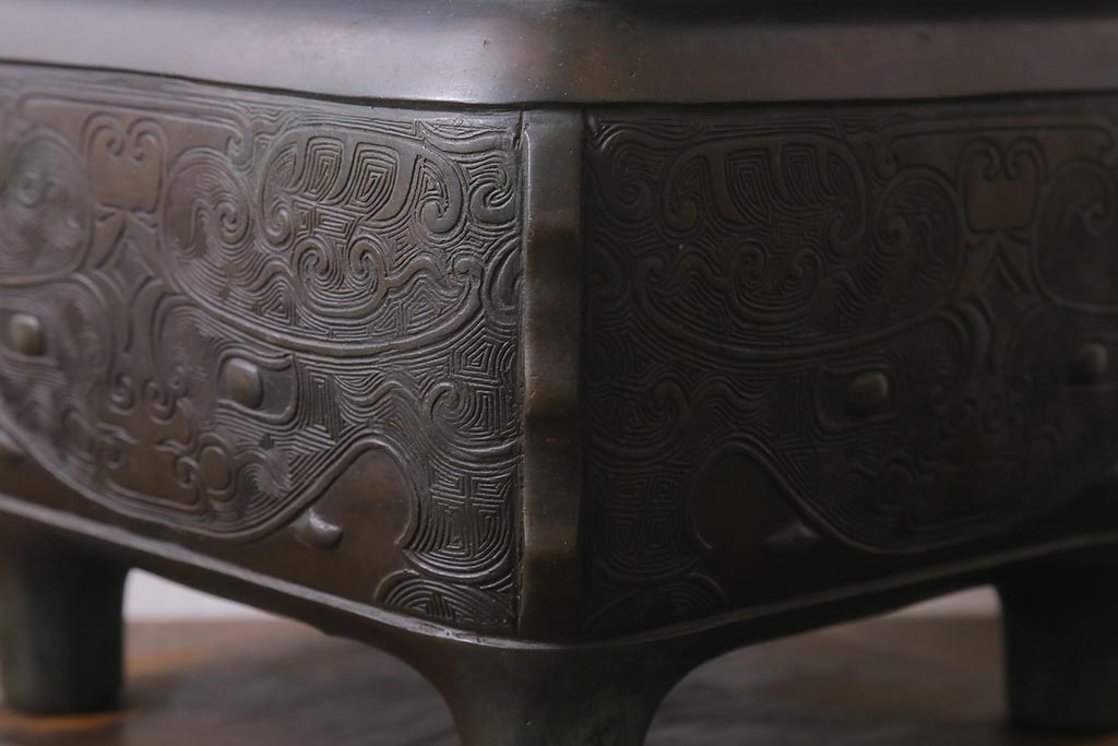 アンティーク雑貨　明治期　古銅耳付火鉢(中国香炉)(R-041283)