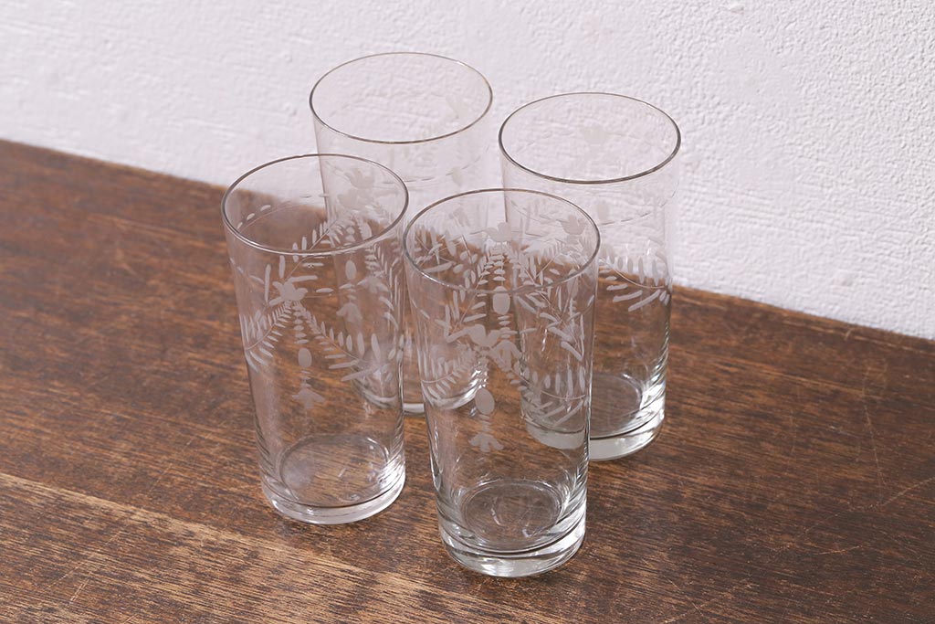 アンティーク雑貨 昭和初期 吹きガラス 切子グラス4個セット(和ガラス、コップ)(R-041389) ラフジュ工房