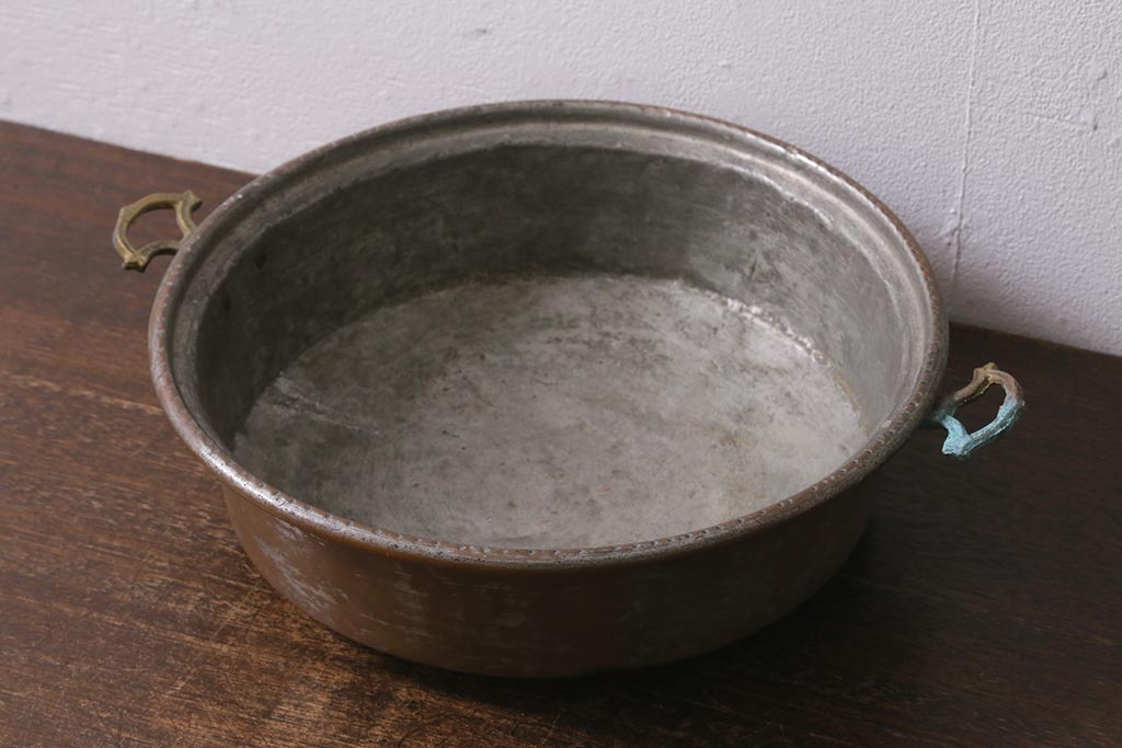 アンティーク雑貨 シャビーな風合いがおしゃれなフランスアンティークの銅鍋(パン、両手鍋)(R-041457) ラフジュ工房