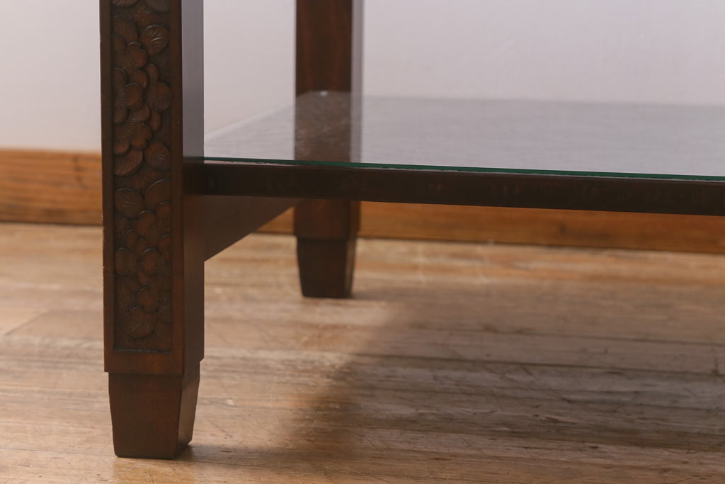 中古　伝統工芸　軽井沢彫り　咲き誇る桜の彫りが見事なサイドテーブル(リビングテーブル、センターテーブル、座卓)(R-041459)