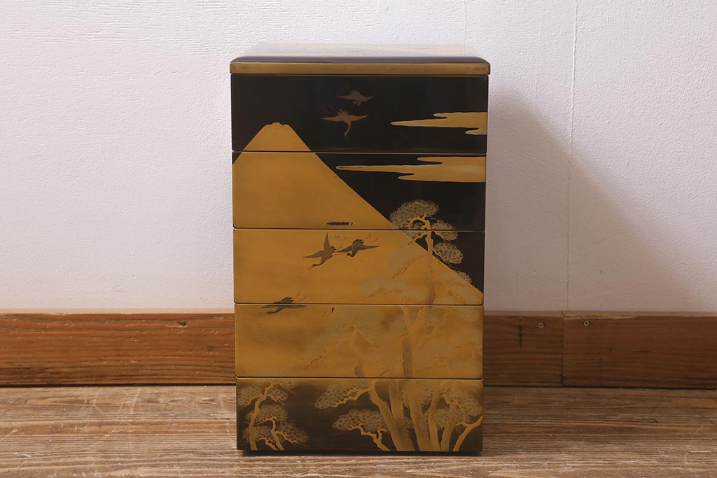 アンティーク雑貨　明治期　金彩鶴蒔絵　五ツ組木製重箱(お重、漆器)(R-042667)