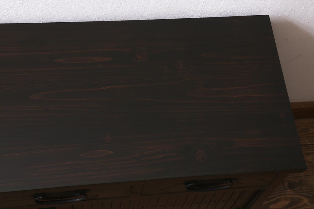 ラフジュ工房オリジナル　前面栗材　引き出し付き　明治期の味わい深い古建具を使ったリメイクローボード(テレビ台、収納棚、戸棚)(R-043216)