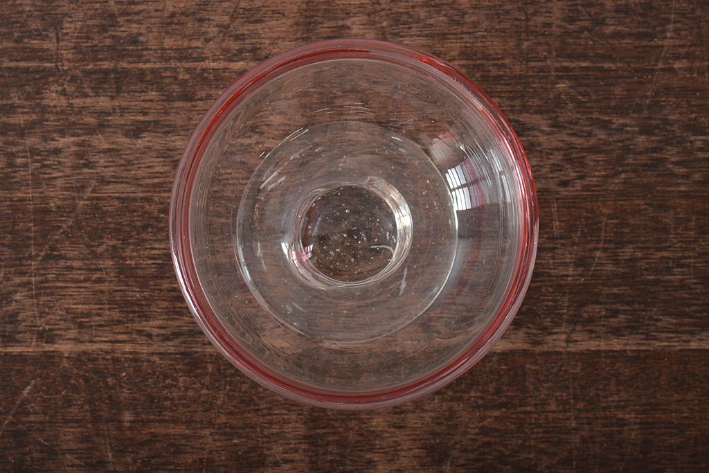アンティーク雑貨　大正期　赤縁椀型　氷コップ(吹ガラス)(R-043341)