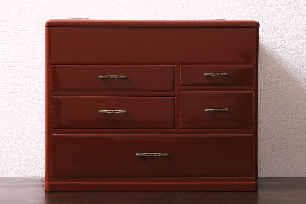 アンティーク家具　和製アンティーク　昭和初期　朱塗り　朱色が独特の存在感漂う裁縫箱(ソーイングボックス、小引き出し、小物収納)(R-044594)