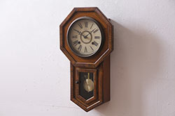 アンティーク時計　昭和初期　電子式　桔梗印　名古屋商事時計部(NAGOYASHOJI)　木目調のデザインがお洒落な八角柱時計(掛時計、ボンボン時計、振り子時計、林時計)(R-044818)