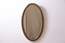 アンティーク雑貨　和製アンティーク　マホガニー材　オーバル型　象嵌入りの壁掛けミラー(ウォールミラー、鏡)(R-045243)