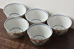大明成化年製　花文色絵　茶碗5客セット(湯呑み、茶器、和食器)(R-046049)