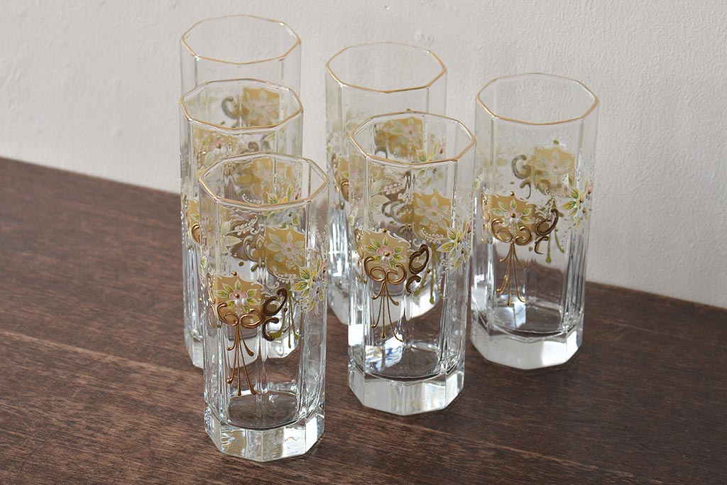 イタリア ベネチアンガラス 金彩 花の図 グラス6客セット(コップ、タンブラー、ヴェネチアングラス)(R-046122) ラフジュ工房