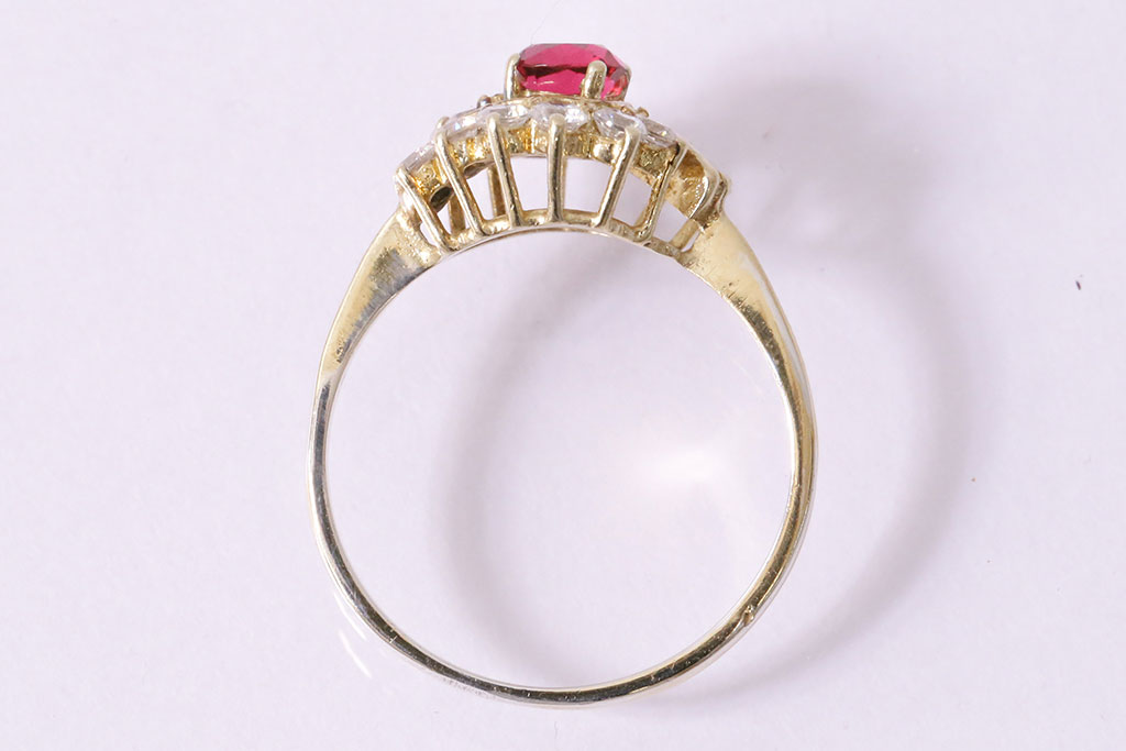 ヴィンテージアクセサリー　イギリス　9ct　Gold　ピンク・クリアクリスタル　リング(指輪、金、ビンテージ)(R-047008)