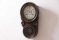 アンティーク時計　ホースマーク　マーブル模様の木目が味わい深い!四つ丸が特徴のゼンマイ式だるま時計(掛時計、柱時計、振り子時計)(R-047247)