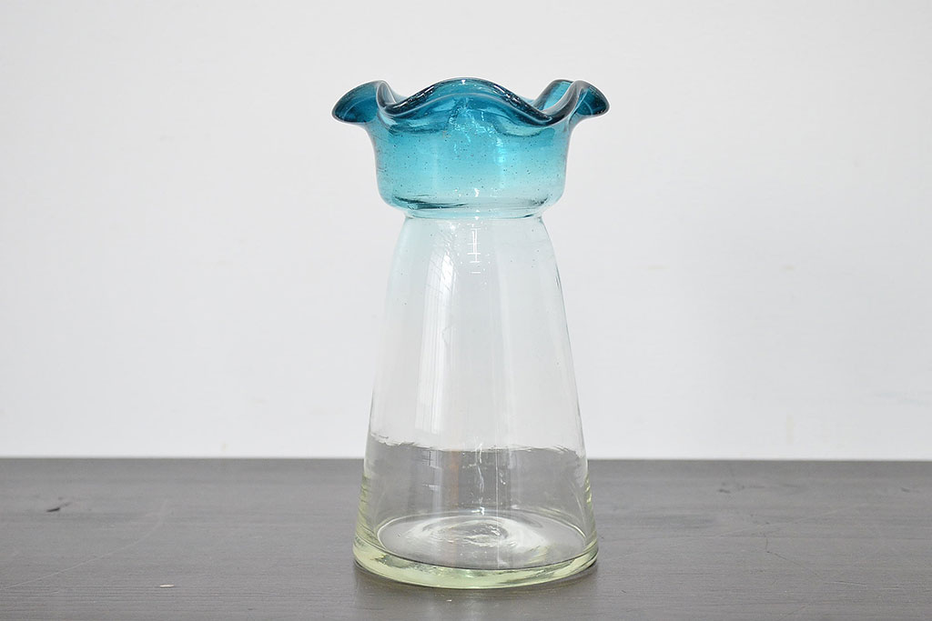 大正〜昭和初期　青フリル　ガラス花瓶(和ガラス、吹きガラス、氷コップ、花器、フラワーベース)(R-047423)