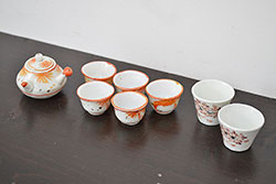  	明治期　九谷焼　二重角福　色絵　木に鳥文　変形皿5枚セット(共箱付き、和皿、和食器)(R-063205)