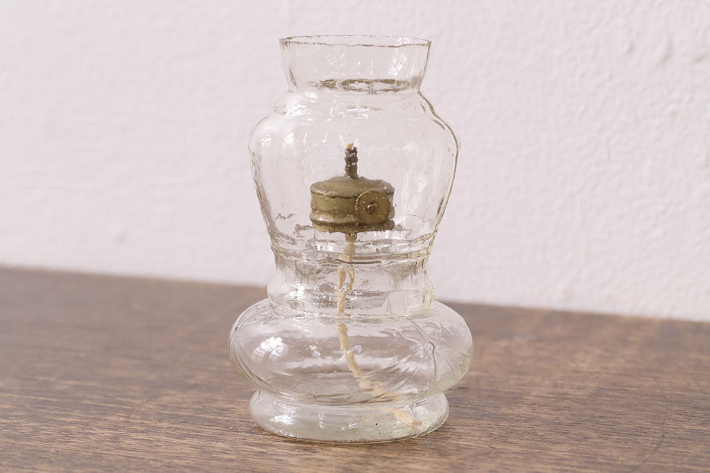 大正〜昭和初期 古いガラスの豆ランプ(オイルランプ、火屋、油壷)(R 