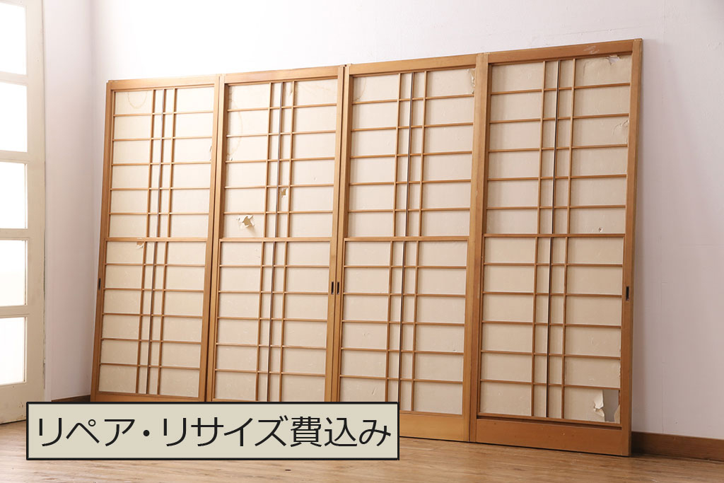 アンティーク建具 日本風情が感じられる雪見障子戸4枚セット(摺り上げ 