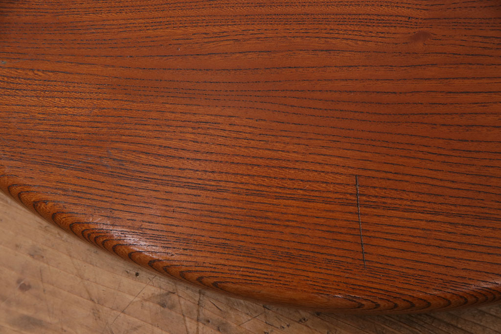 ヴィンテージ雑貨　昭和後期　総ケヤキ材　明るい木色と波のような杢目が魅力の丸盆(トレー、お盆、ビンテージ)(R-049374)
