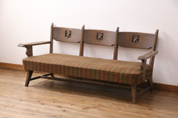 昭和中期　リメイク品　味わい深い古材が魅力のアイアンベンチ(板座チェア、椅子、花台)
